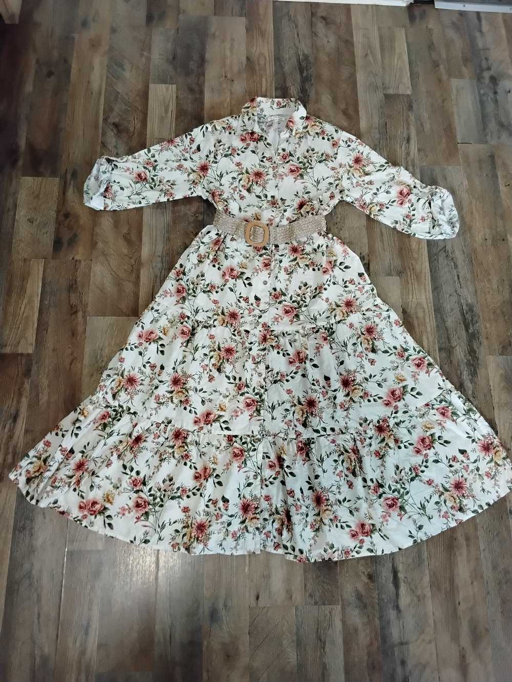 Cream Floral Maxi Dress with Pink & Green Print